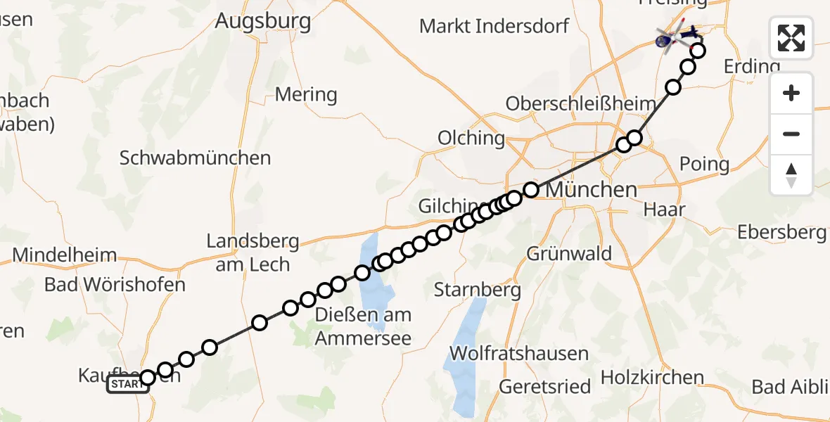 Flugroute Polizeihubschrauber Kaufbeuren - München Flughafen, 22 Oktober 2026, 13:50