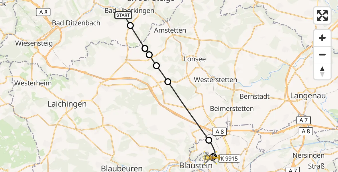 Flugroute Rettungshubschrauber Bad Überkingen - Ulm Military Hospital Emergency, 22 Oktober 2026, 13:52