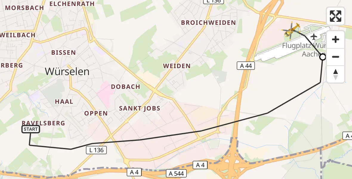Flugroute Rettungshubschrauber Würselen - Aachen-Merzbrück Flughafen, 22 Oktober 2026, 13:54