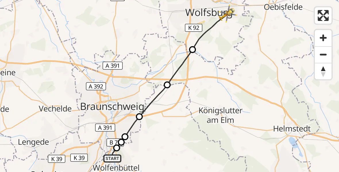 Flugroute Rettungshubschrauber Wolfenbüttel - Wolfsburg, 22 Oktober 2026, 13:57
