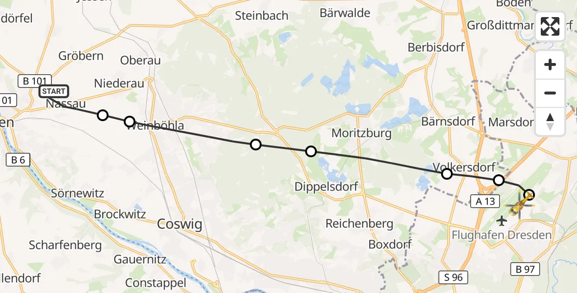Flugroute Rettungshubschrauber Meißen - Dresden Bundespolizei Hubschrauberlandeplatz, 22 Oktober 2026, 14:02