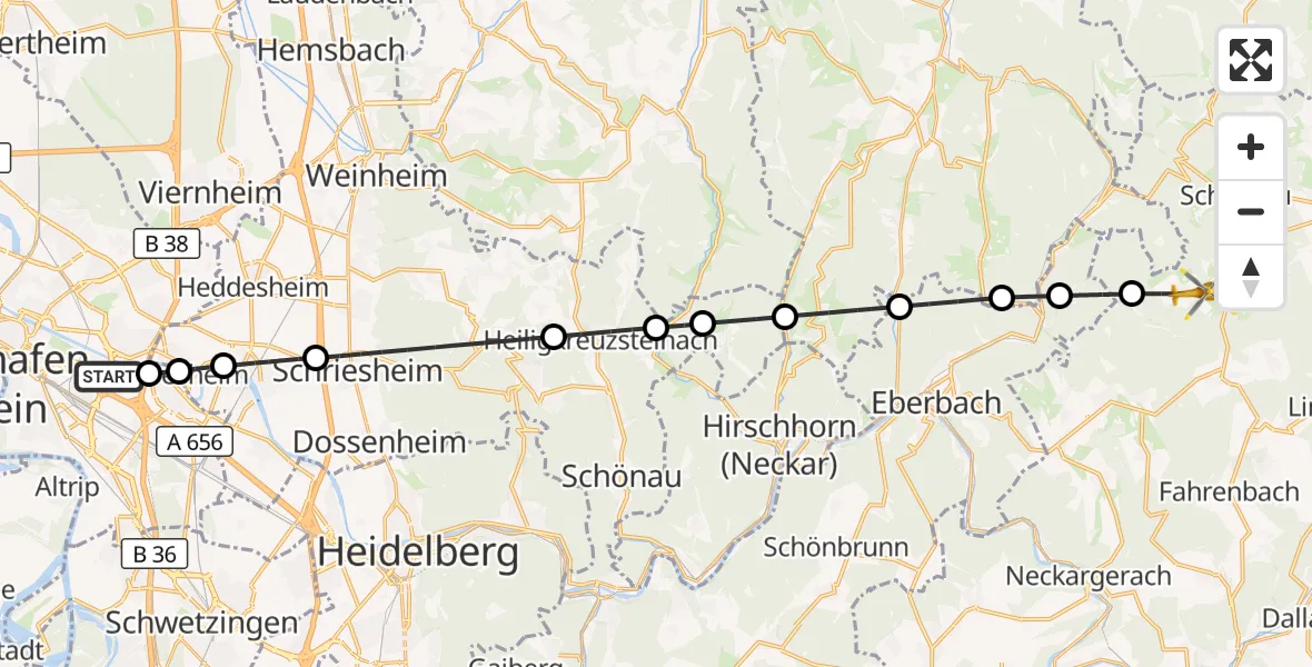 Flugroute Rettungshubschrauber Mannheim-City Flughafen - Mudau, 22 Oktober 2026, 14:07