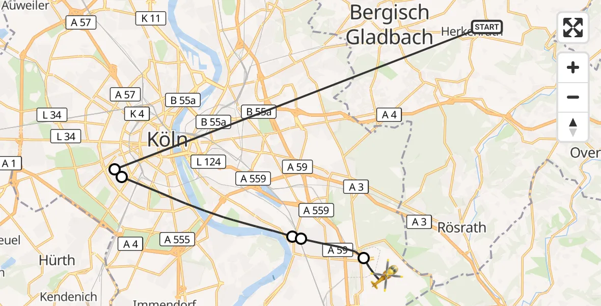 Flugroute Ambulanzhubschrauber Bergisch Gladbach - Köln Bonn Flughafen, 22 Oktober 2026, 14:13