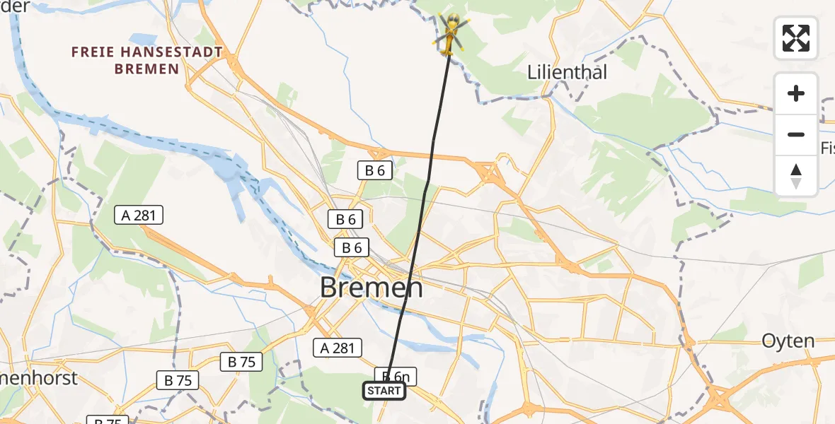Flugroute Rettungshubschrauber Bremen - Lilienthal, 22 Oktober 2026, 14:17