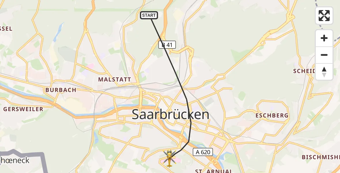 Flugroute Rettungshubschrauber Saarbrücken - Saarbrücken, 22 Oktober 2026, 14:32