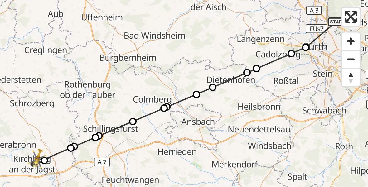 Flugroute Rettungshubschrauber Neunhofer Forst - Kirchberg an der Jagst, 22 Oktober 2026, 14:32