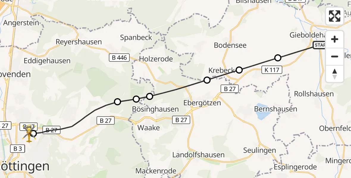 Flugroute Rettungshubschrauber Gieboldehausen - Göttingen University Clinic Hubschrauberlandeplatz, 22 Oktober 2026, 14:31