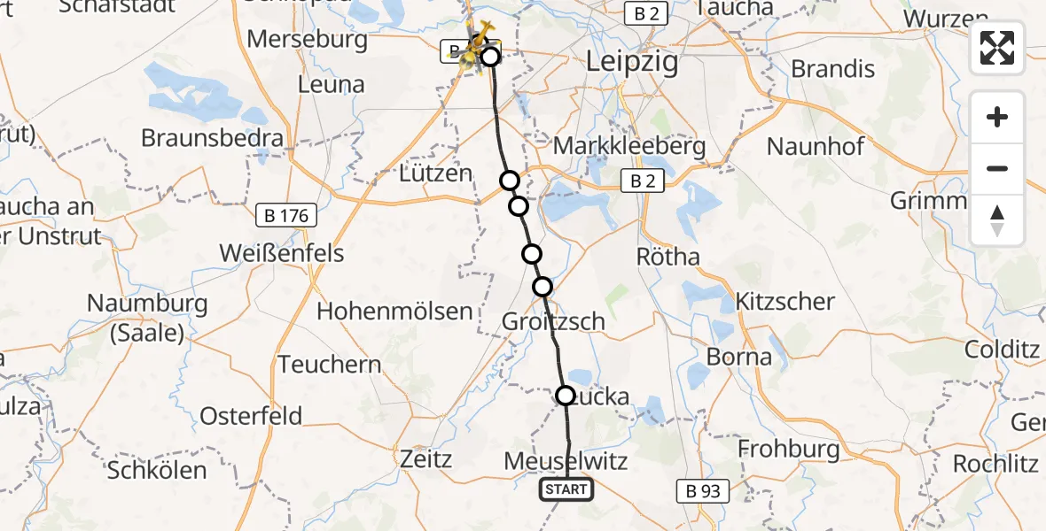 Flugroute Rettungshubschrauber Meuselwitz - ADAC Air Rescue Station Leipzig/Schkeuditz-Dölzig Hubschrauberlandeplatz (Christoph 61), 22 Oktober 2026, 14:31
