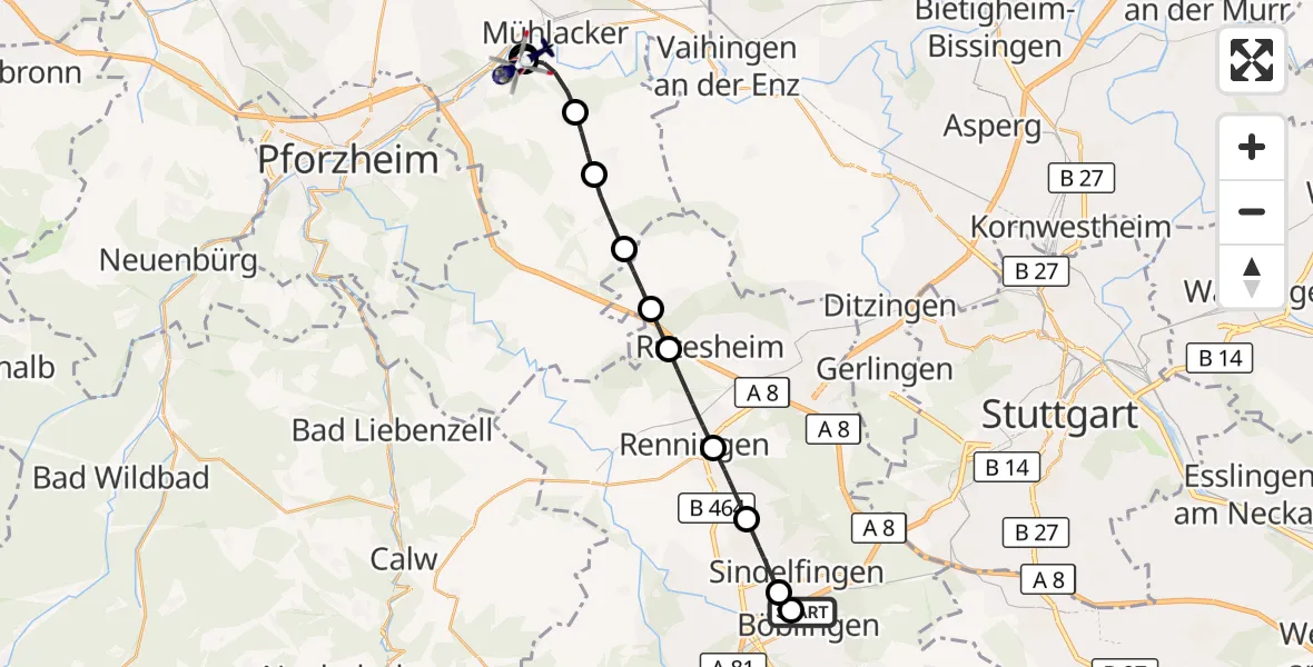 Flugroute Polizeihubschrauber Böblingen - Hangensteiner Hof Flugplatz, 22 Oktober 2026, 14:41