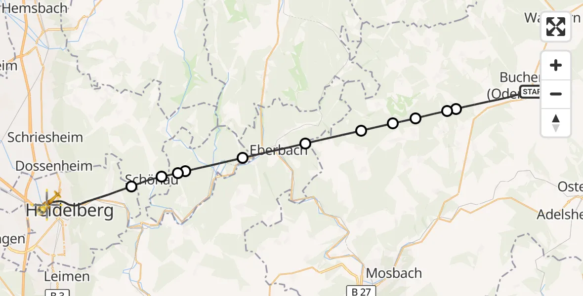 Flugroute Rettungshubschrauber Buchen (Odenwald) - Heidelberg, 22 Oktober 2026, 14:44