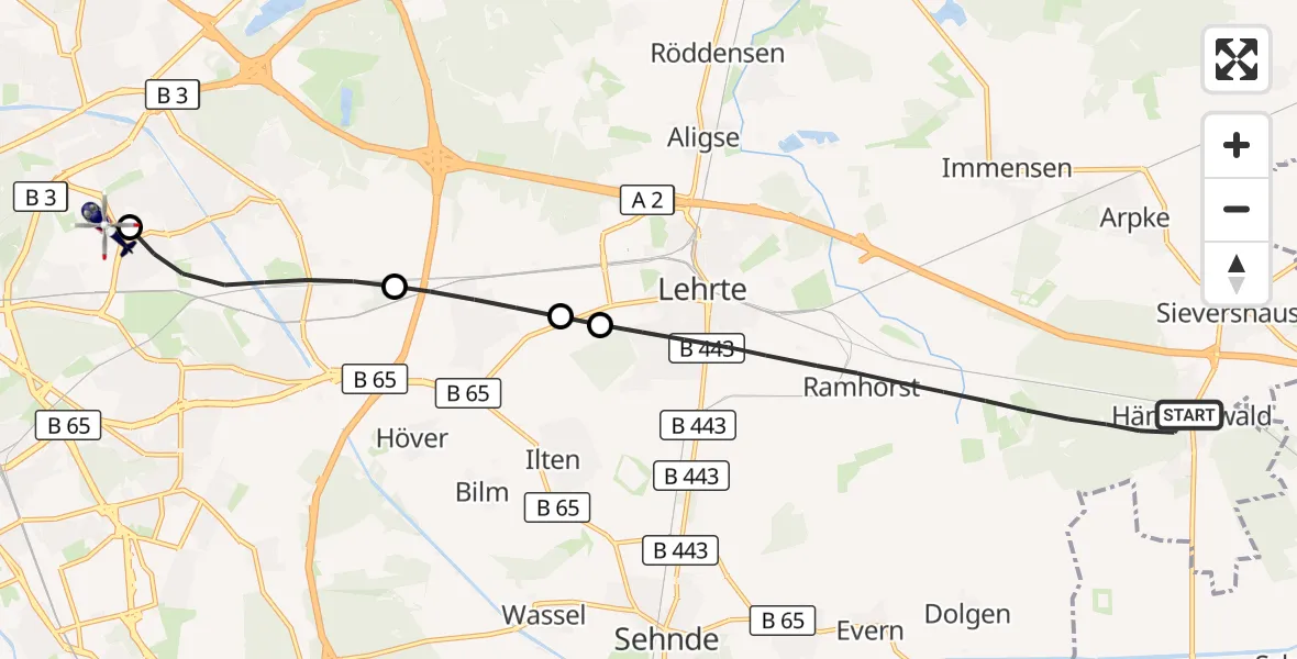 Flugroute Polizeihubschrauber Lehrte - Hannover Luftrettung Hubschrauberlandeplatz (Christoph 4), 22 Oktober 2026, 14:55
