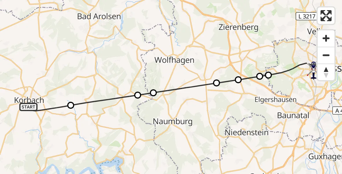 Flugroute Polizeihubschrauber Korbach - Kassel, 22 Oktober 2026, 14:58