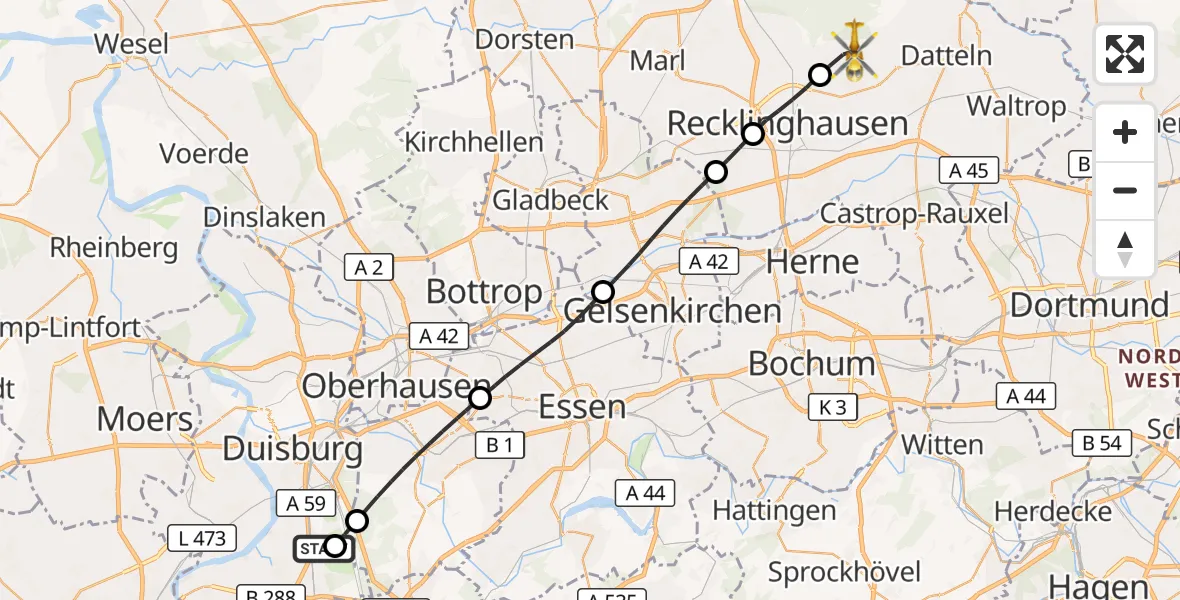 Flugroute Rettungshubschrauber Duisburg Air Rescue Hubschrauberlandeplatz (Christoph 9) - Oer-Erkenschwick, 22 Oktober 2026, 15:03