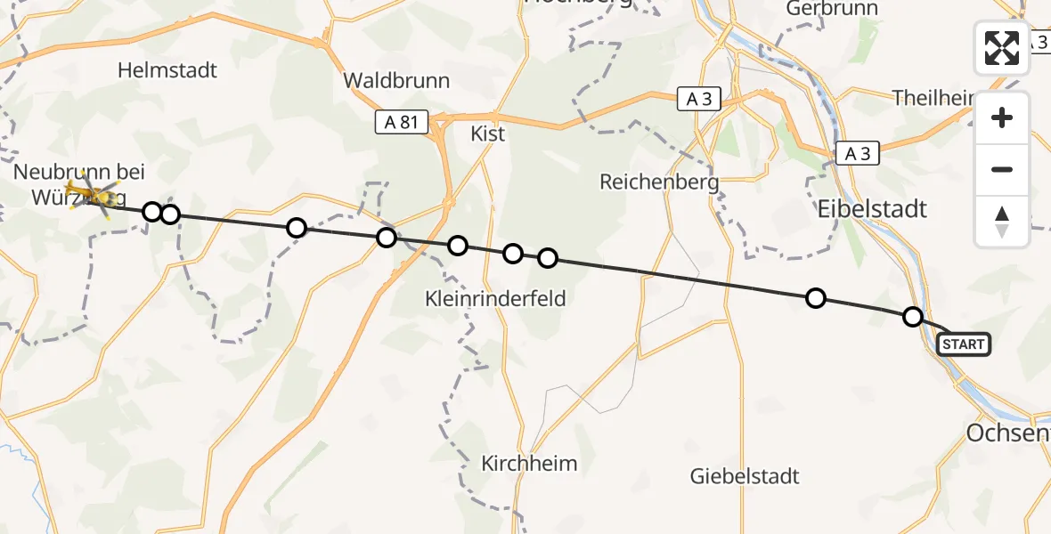 Flugroute Rettungshubschrauber Sommerhausen - Neubrunn, 22 Oktober 2026, 15:04