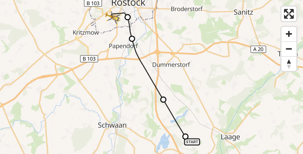 Flugroute Rettungshubschrauber Flughafen Rostock-Laage - Rostock, 22 Oktober 2026, 15:04