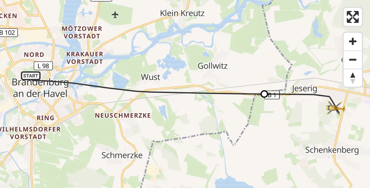 Flugroute Rettungshubschrauber Brandenburg an der Havel - Groß Kreutz (Havel), 22 Oktober 2026, 15:04