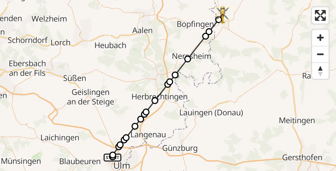 Flugroute Rettungshubschrauber Ulm Military Hospital Emergency - Wallerstein, 22 Oktober 2026, 15:06