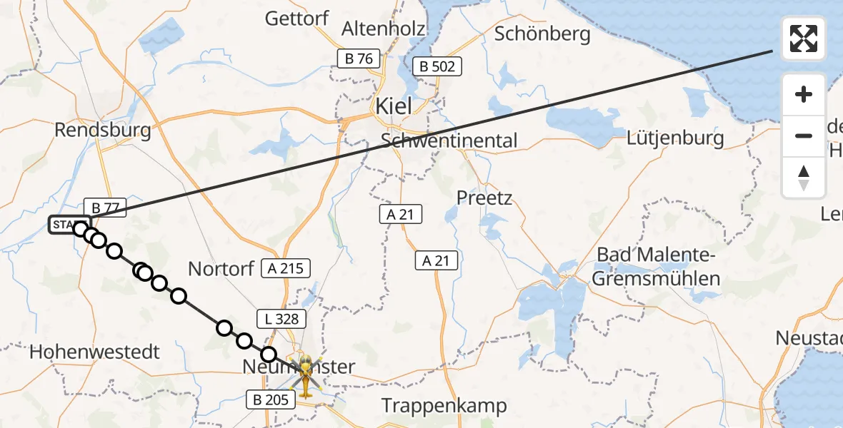 Flugroute Ambulanzhubschrauber Hörsten - Neumünster, 22 Oktober 2026, 15:09