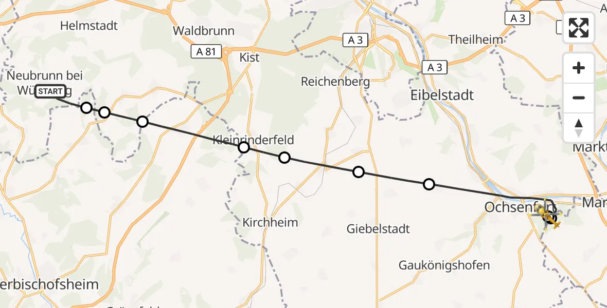 Flugroute Rettungshubschrauber Neubrunn - Ochsenfurt Hospital, 22 Oktober 2026, 15:30