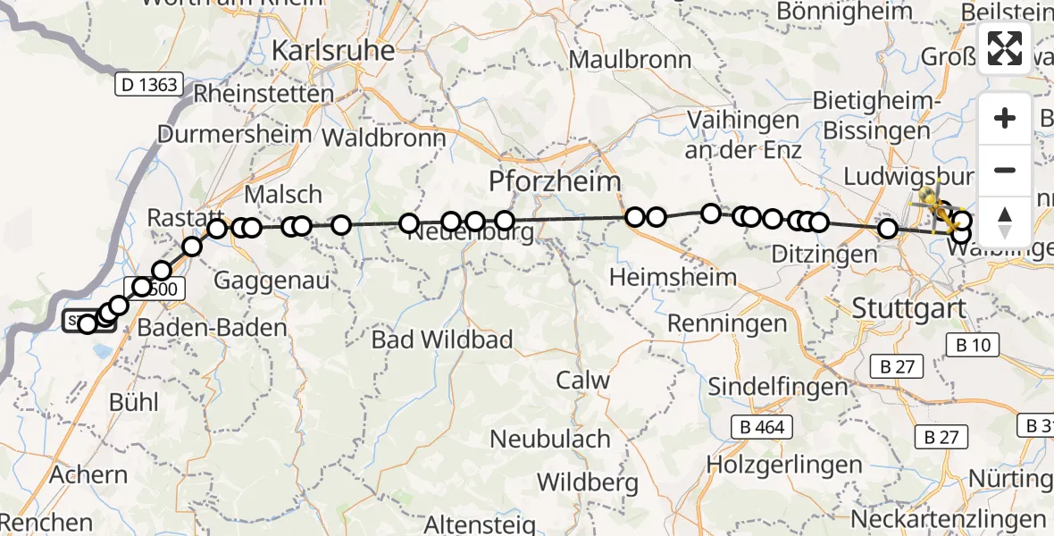 Flugroute Rettungshubschrauber Karlsruhe Baden-Baden Flughafen - Pattonville Flugplatz, 22 Oktober 2026, 15:43