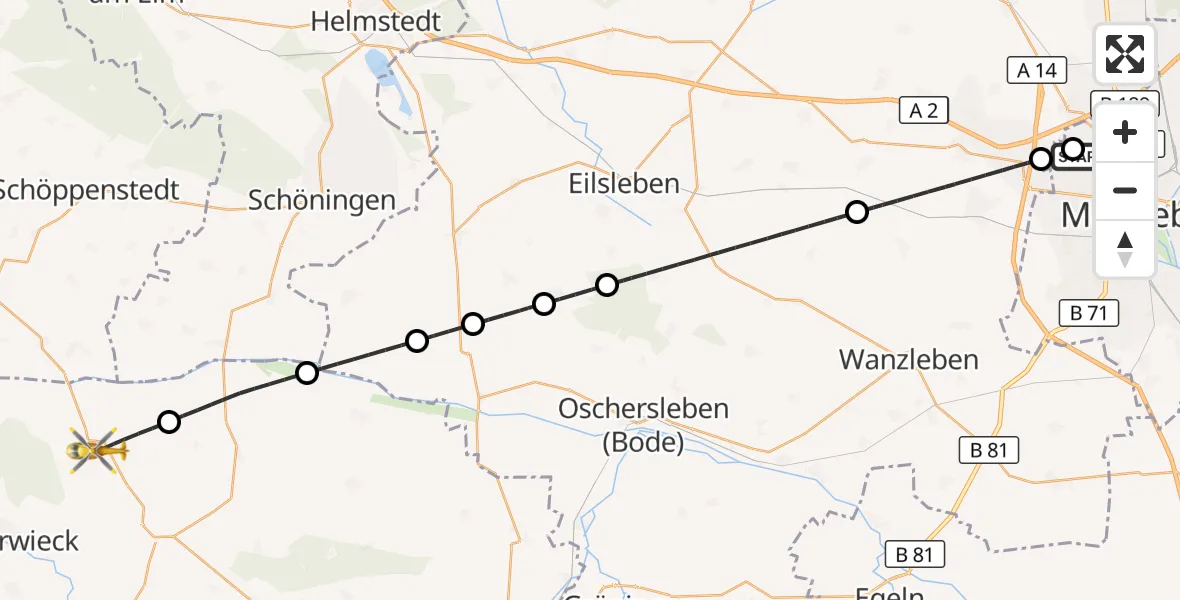 Flugroute Rettungshubschrauber Magdeburg Hospital - Osterwieck, 22 Oktober 2026, 15:46