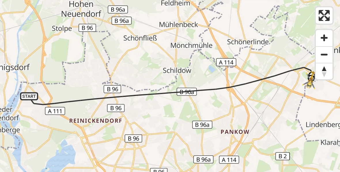 Flugroute Rettungshubschrauber Berlin - Helios Clinic Berlin-Buch, 22 Oktober 2026, 15:59