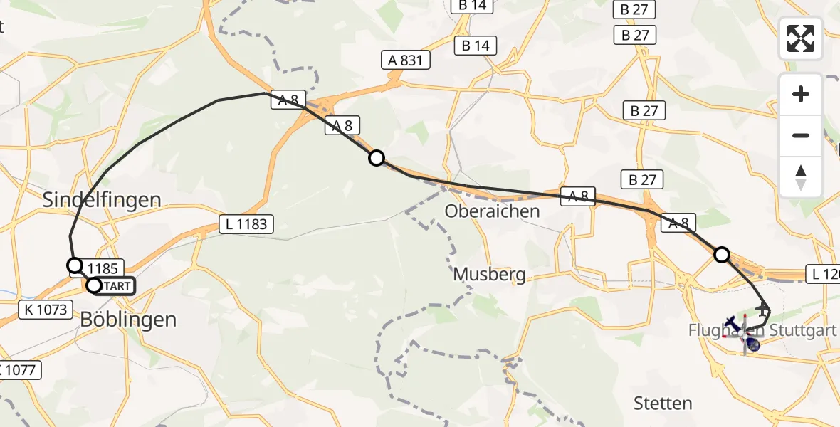 Flugroute Polizeihubschrauber Böblingen - Flughafen Stuttgart, 22 Oktober 2026, 16:02