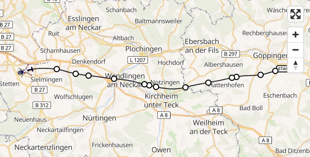 Flugroute Polizeihubschrauber Göppingen - Flughafen Stuttgart, 22 Oktober 2026, 16:02