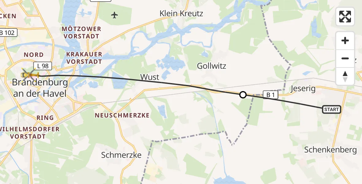 Flugroute Rettungshubschrauber Groß Kreutz (Havel) - Brandenburg an der Havel, 22 Oktober 2026, 16:07