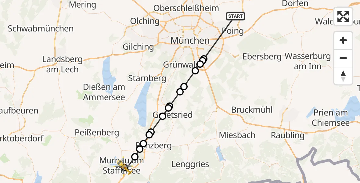 Flugroute Rettungshubschrauber Finsing - Murnau Accident Hospital, 22 Oktober 2026, 16:18