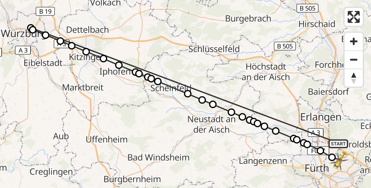 Flugroute Rettungshubschrauber Neunhofer Forst - Flughafen Nuremberg, 22 Oktober 2026, 16:24