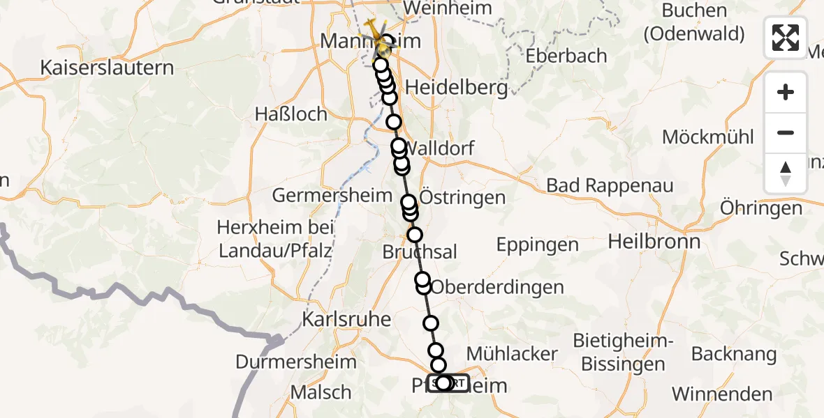 Flugroute Rettungshubschrauber Siloah Sankt Trudpert Hospital - Mannheim, 22 Oktober 2026, 16:25