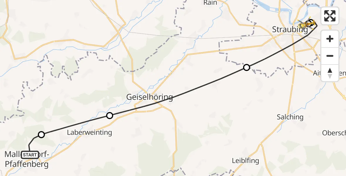 Flugroute Rettungshubschrauber Mallersdorf-Pfaffenberg - Sankt Elisabeth Hospital Straubing, 22 Oktober 2026, 16:25