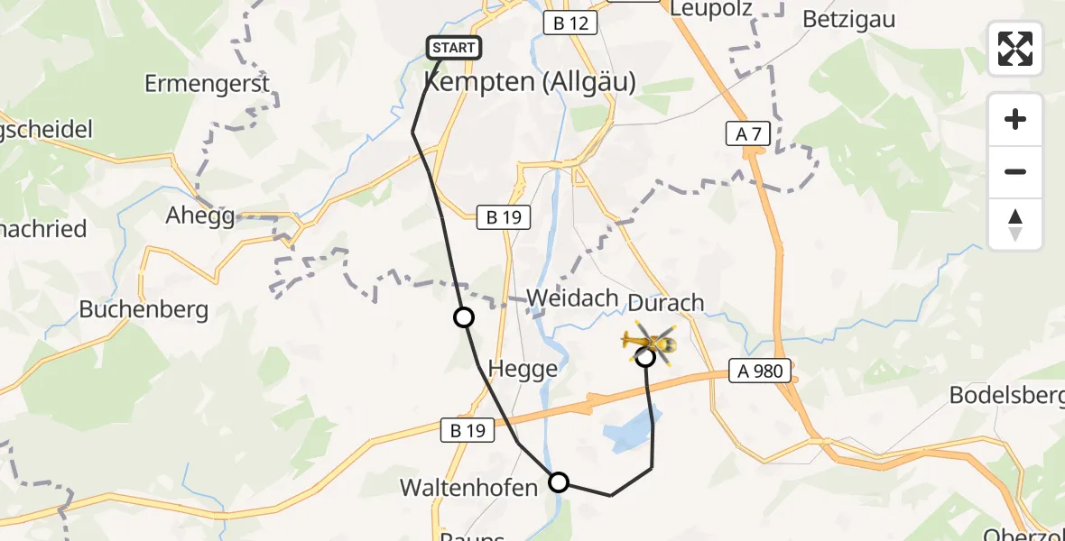 Flugroute Rettungshubschrauber Kempten (Allgäu) - Kempten-Durach Flugplatz, 22 Oktober 2026, 16:29