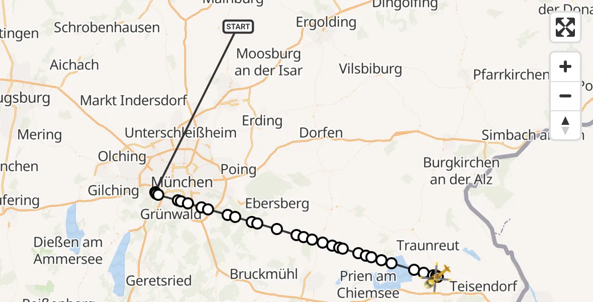 Flugroute Rettungshubschrauber Rudelzhausen - Traunstein Hospital, 22 Oktober 2026, 16:41
