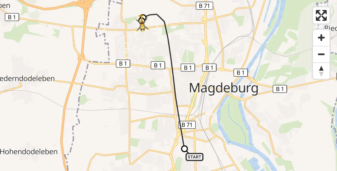 Flugroute Rettungshubschrauber Magdeburg University Hospital - Magdeburg Hospital, 22 Oktober 2026, 16:51