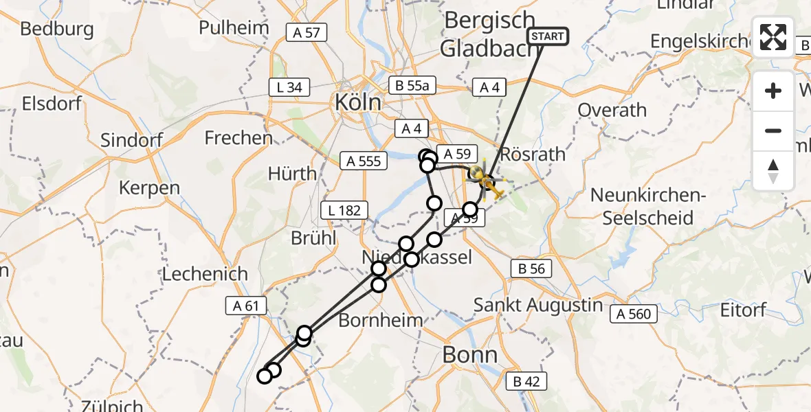 Flugroute Ambulanzhubschrauber Bergisch Gladbach - Köln Bonn Flughafen, 22 Oktober 2026, 17:20
