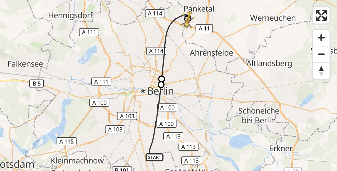 Flugroute Rettungshubschrauber Berlin - Helios Clinic Berlin-Buch, 22 Oktober 2026, 17:40