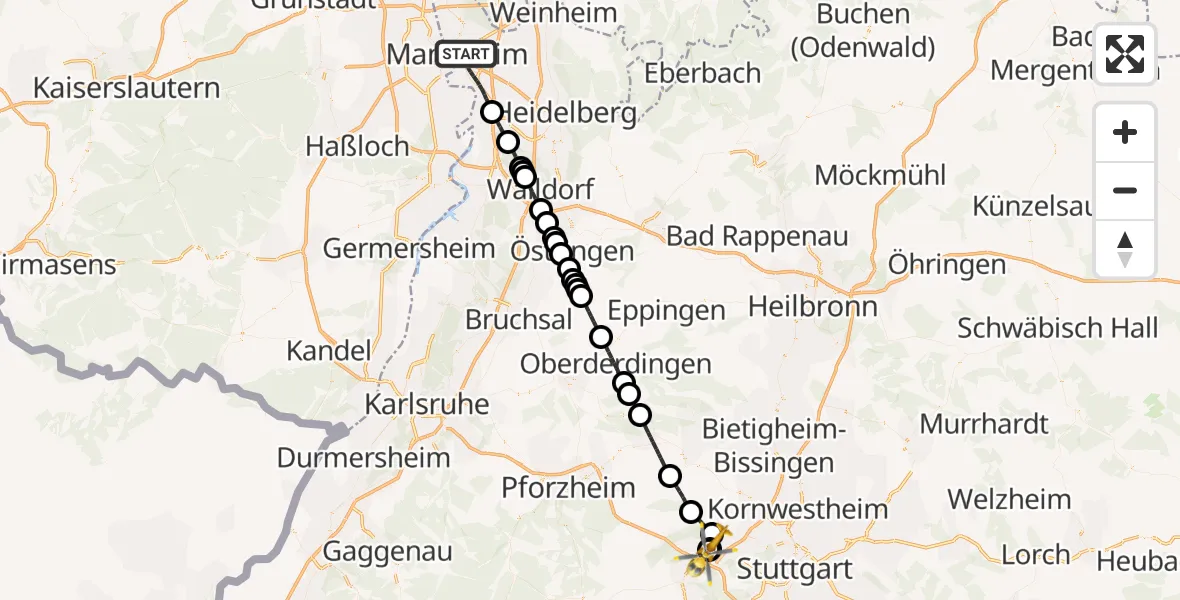 Flugroute Rettungshubschrauber Mannheim - Leonberg Hospital, 22 Oktober 2026, 17:42