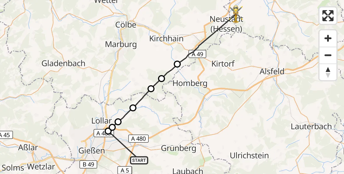 Flugroute Ambulanzhubschrauber Reiskirchen - Schwalmstadt, 22 Oktober 2026, 17:45