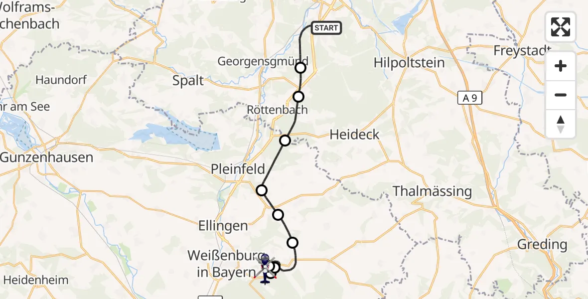 Flugroute Polizeihubschrauber Roth - Weißenburg-Wülzburg Segelflugfeld, 22 Oktober 2026, 18:19