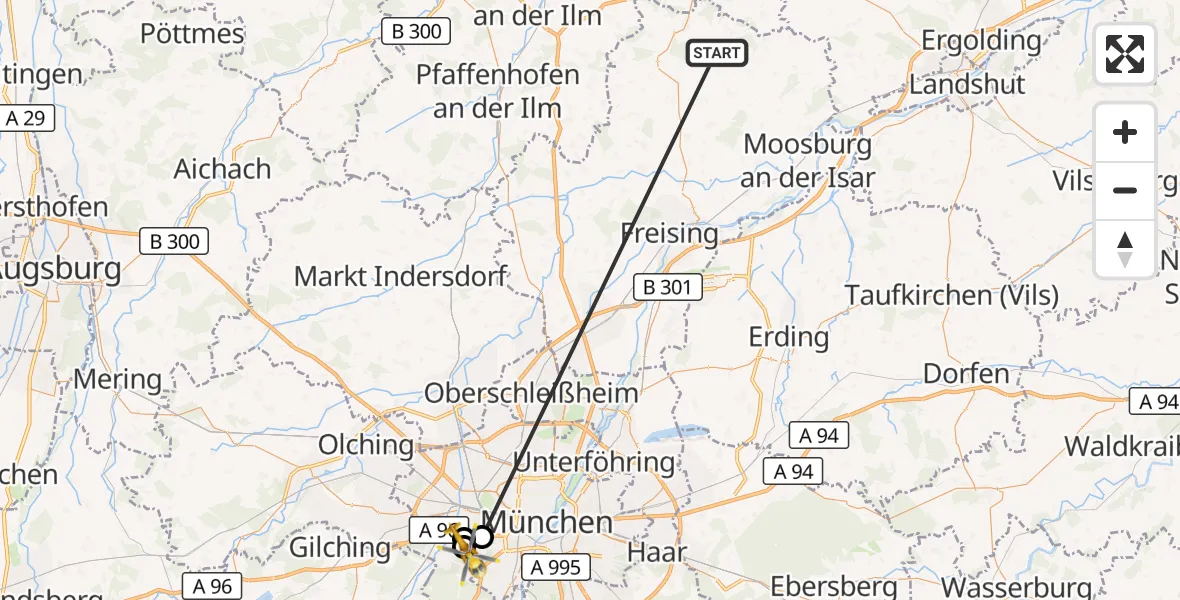 Flugroute Rettungshubschrauber Rudelzhausen - DRF Air Rescue München Hubschrauberlandeplatz, 22 Oktober 2026, 18:30