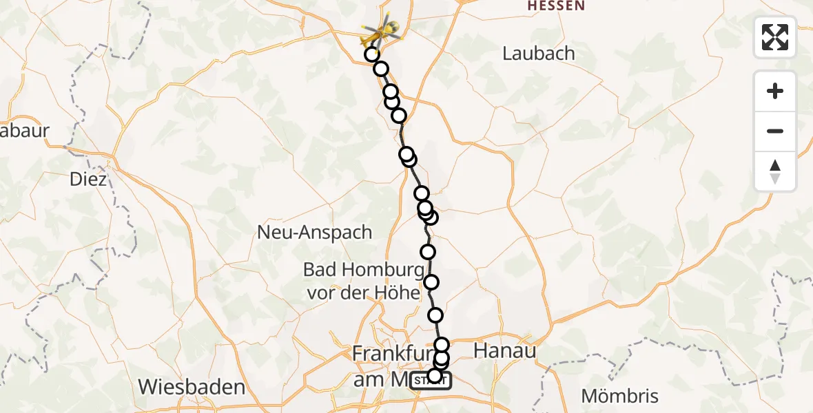 Flugroute Ambulanzhubschrauber Sana Hospital Offenbach - Gießen, 22 Oktober 2026, 19:28