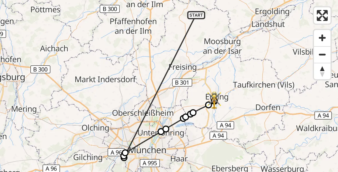 Flugroute Rettungshubschrauber Rudelzhausen - Erding District Hospital, 22 Oktober 2026, 20:11