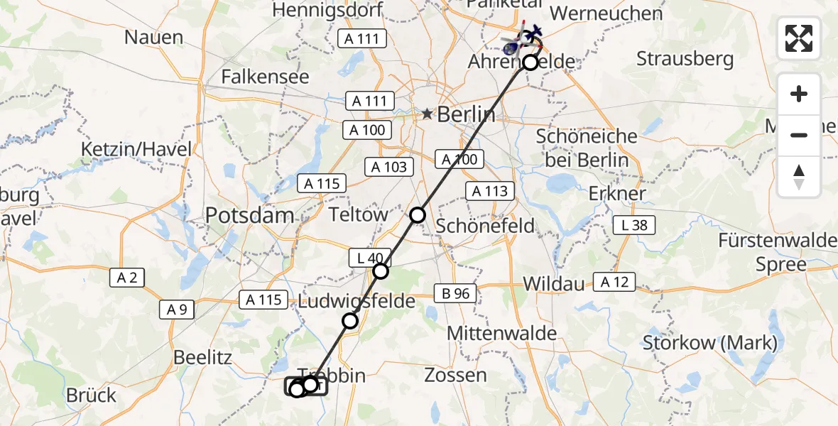 Flugroute Polizeihubschrauber Schönhagen Flugplatz - Ahrensfelde Hubschrauberlandeplatz, 22 Oktober 2026, 20:14