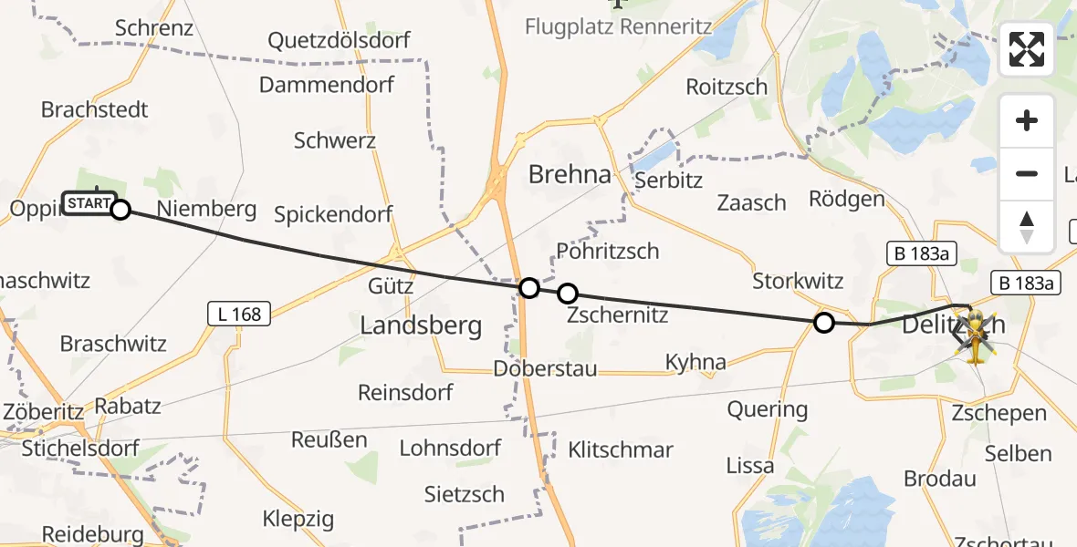 Flugroute Rettungshubschrauber Halle-Oppin Flugplatz - Delitzsch, 22 Oktober 2026, 21:25