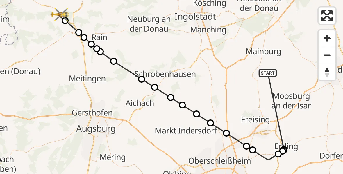 Flugroute Rettungshubschrauber Rudelzhausen - Harburg (Schwaben), 22 Oktober 2026, 21:35