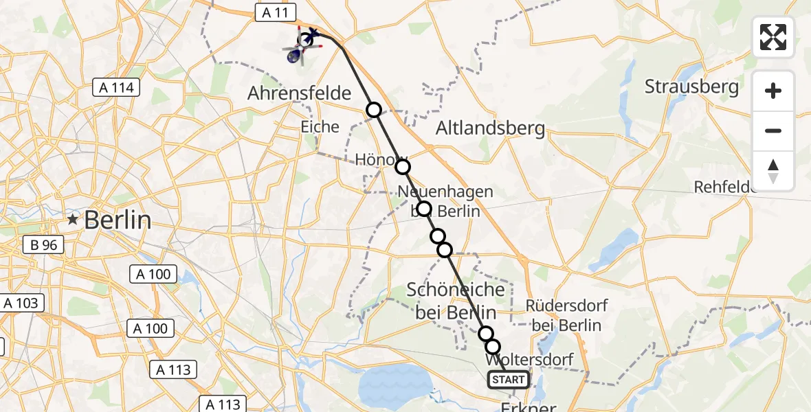Flugroute Polizeihubschrauber Berlin - Ahrensfelde Hubschrauberlandeplatz, 22 Oktober 2026, 21:47