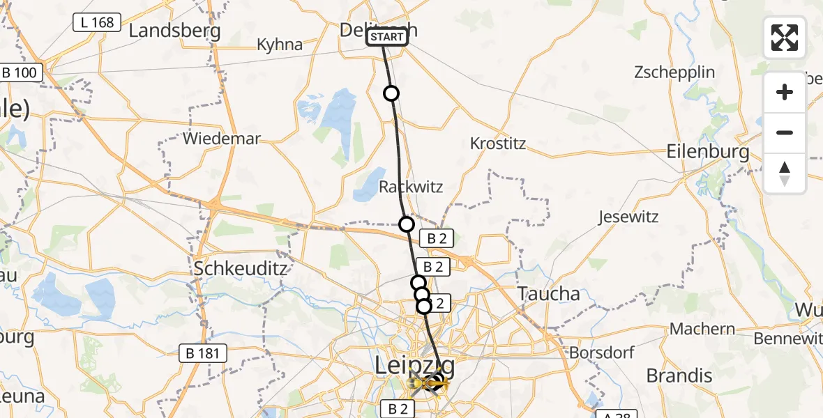 Flugroute Rettungshubschrauber Delitzsch - Leipzig University Hospital Heliport 1, 22 Oktober 2026, 21:57