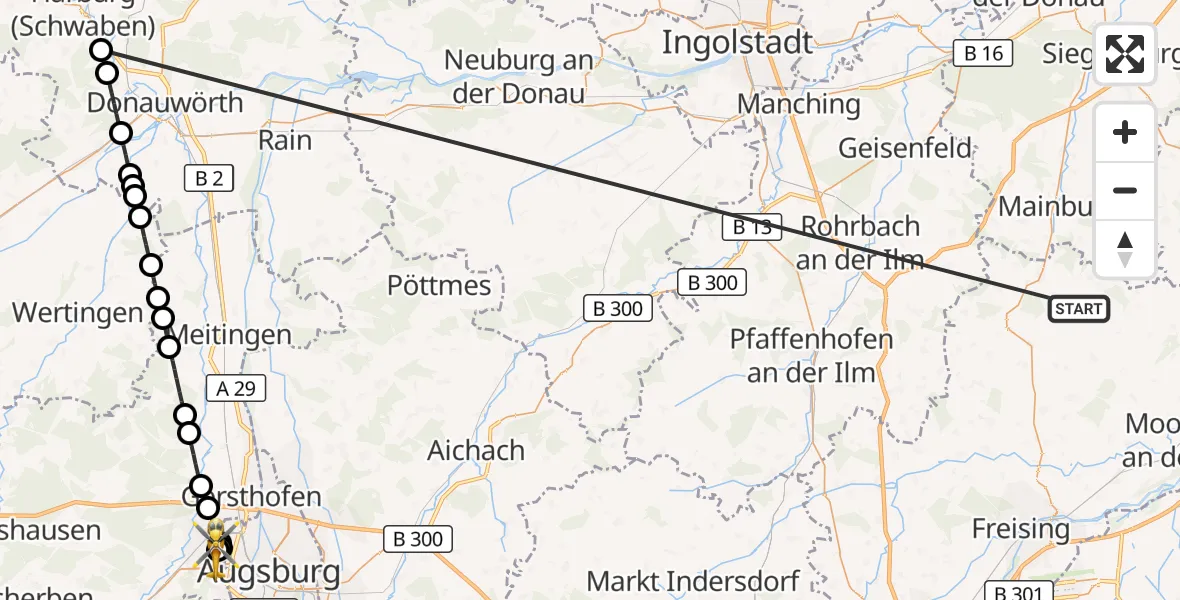 Flugroute Rettungshubschrauber Rudelzhausen - Augsburg University Hospital, 22 Oktober 2026, 22:30
